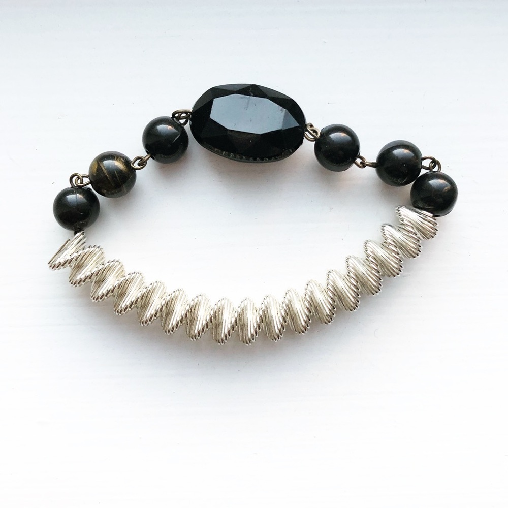 Black beaded & silver stretch coil bracelet